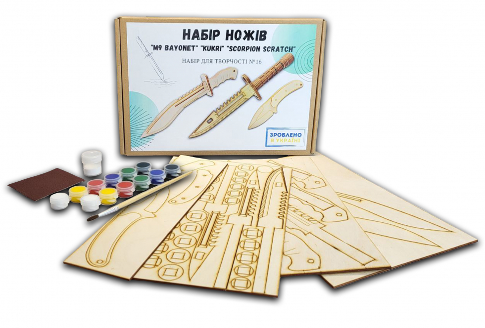 Набір для творчості із 3-х ножів Standoff 2 M9 Bayonet, KUKRI, Scorpion Scratch із фанери Набір №16
